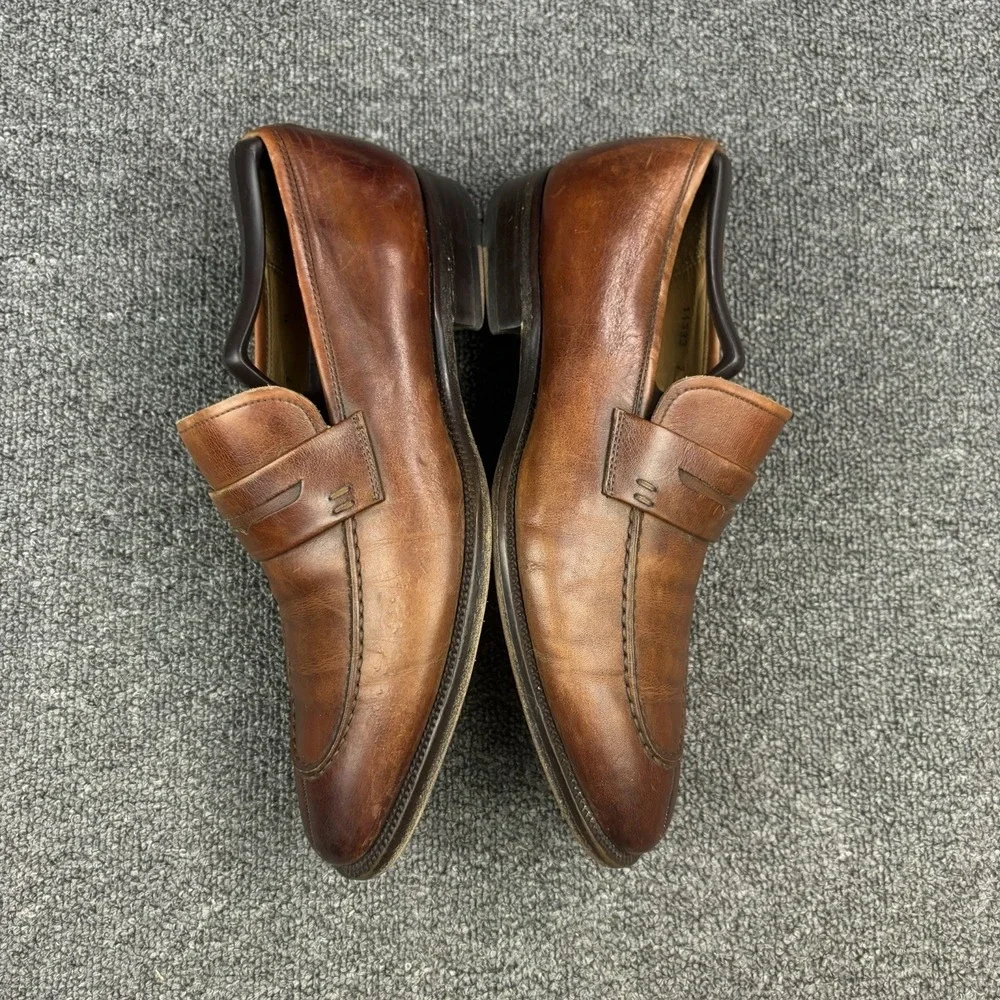 Magnanni Brown Leather Penny Loafers Mens 7 Spain Burnished Apron Toe Dress Shoe